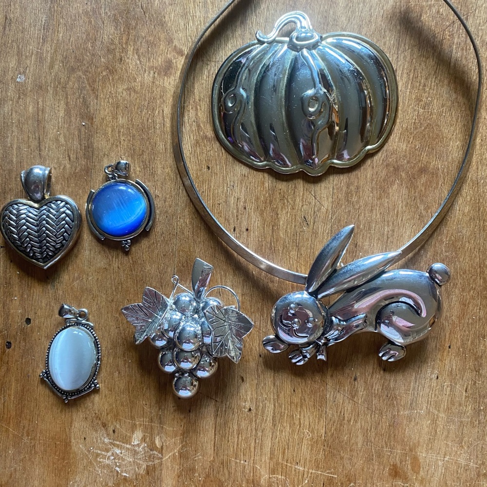 Silver and Blue Necklace with Crescent and Cabochon